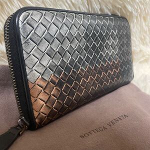 1円 美品 ボッテガヴェネタ BOTTEGA VENETA 長財布 イントレチャート ラウンドファスナー ウォレット シルバー メタリック バイカラー