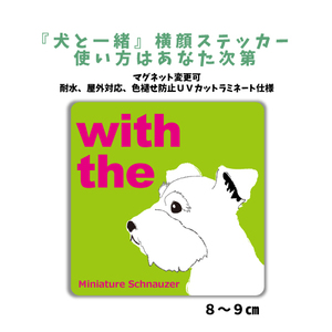 ミニチュアシュナウザー ホワイト『犬と一緒』【玄関 車 ポスト】ステッカー 名入れ マグネット変更可 屋外 防水 カスタマイズ