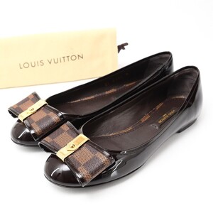 GR0601*イタリア製《ルイヴィトン Louis Vuitton》Size 34.5 ダミエリボン パテントレザー フラットシューズ パンプス 靴 ブラウン