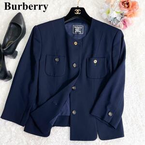 【美品】Burberry バーバリー バーバリーズ ノーカラージャケット ジャケット 紺ブレ ブレザー ネイビー 金ボタン ウール L レディース