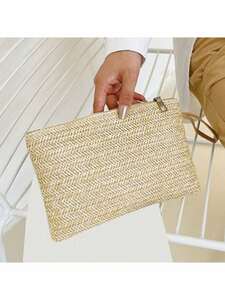 レディース バッグ クラッチバッグ 女性用小麦編みの草編みバッグ、クリップバッグ、手作りの編みバッグ、モバイルチェンジバッグ、手持
