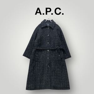 [上質] A.P.C. アーペーセー/ ツイード ロングコート 36 ルーマニア製 レディース ブラック ベルト付