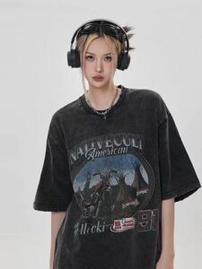 ヴィンテージ加工 Tシャツ 黒 XLサイズ 地底人 Y2K 男女兼用 オーバーサイズ アメカジ ユニセックス ブラック ストリート モード