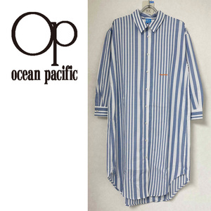 新品 L ★ オーシャンパシフィック シャツワンピース ロング 長袖 ブルー Ocean Pacific ランダム ストライプ コットン ワンピ ゆったり