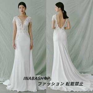 ウェディングドレス トレーンタイプ スレンダーライン ファスナータイプ 袖あり 前撮り 後撮り 披露宴 結婚式 フィッシュテールスタイル