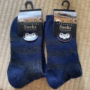 未使用保管品　CONNEMARA SOCKS コネマラソックス ウール ソックス 靴下 アイルランド製 Mサイズ 23.5〜26.5㎝ ボーダー 2足セット