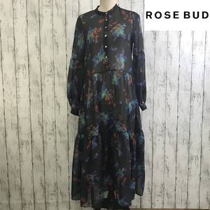  ROSE BUD　ローズバッド　マルチカラーフラワーティアードワンピース　Sサイズ　ブラック　透け感あり　S5.11-70　USED