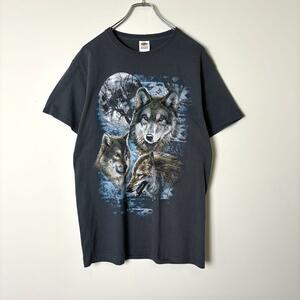 USA古着 アニマル オオカミ Tシャツ ウルフ 狼 フルーツボディ グレー M