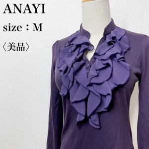 【美品】ANAYI アナイ フェミニン エレガント 可愛い 華やか 上品 長袖フリルブラウス ストレッチ ボリューム 美シルエット 紫 て35