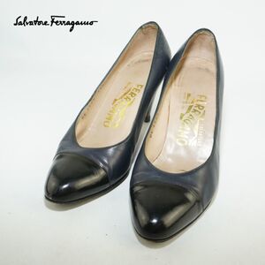 Salvatore Ferragamo サルヴァトーレ・フェラガモ 4.5 22.0 パンプス ヒール 本革 レザー アーモンドトゥ イタリア製 紺 ネイビー/DC395