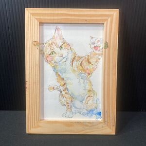 猫パンチ　原画　水彩画　アート　額縁　インテリアポストカード　ハンドメイド　動物画　色鉛筆　アニマルイラスト　手描きイラスト