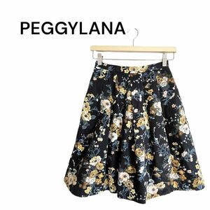 1円～ PEGGYLANA ペギーラナ フレアタックスカート 花柄プリント サイズ1 総柄 コットン フラワー柄 ひざ丈 レディース ブラック ボトムス