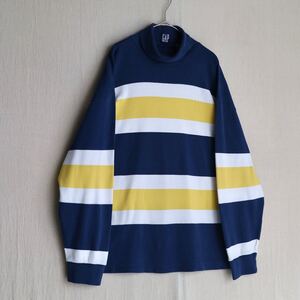 90s GAP タートルネック ボーダー カットソー / XL コットン ネイビー イエロー ホワイト 長袖 ロンT USA ビンテージ T4-10002-9242