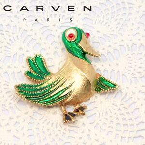 ★即決★ CARVEN カルヴェン ブローチ 鳥 バード デザイン エナメル ゴールド グリーン オレンジ ヴィンテージ