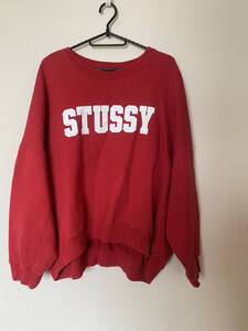 美品◆ステューシー　STUSSY　ロゴプリントスウェット◆赤トレーナー◆ウラケ◆サイズM