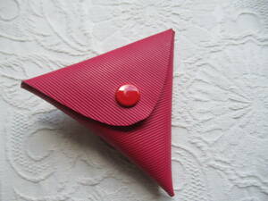 手作り 本革製三角財布 コインケース 小銭入れ 濃い目ピンク型押し