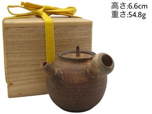 GY-373 時代煎茶道具 南蛮 煎茶器 横手急須 茶注 茶壷 陶磁工器 骨董品 茶道具 共箱 仕覆付き 幅:7.5×7.9cm 