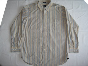 ★古着 GAP ギャップ CLASSIC クラシック ストライプ柄 長袖シャツ L ベージュ×青白 綿100% スリランカ製 着丈77cm身幅57cm 縦縞 メンズ★