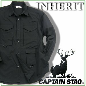 新品 INHERIT 別注 キャプテンスタッグ 【全方向 ストレッチ】 アウトドア フィッシング シャツ L 黒 captainstag キャンプ トレッキング