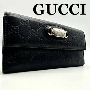 【極美品】グッチ GUCCI シマ gg 財布 長財布 二つ折り 折りたたみ ロゴプレート フラップ 小銭入れ wallet メンズ ブラック レザー