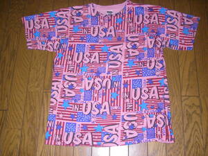 MADE IN USA チェスウィック ピンク USA 総柄 Tシャツ M アメリカ製 ｔシャツ 星条旗 ( L 東洋エンタープライズ シュガーケーン