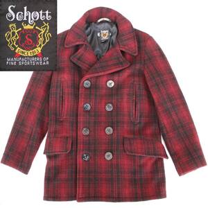 (44611)Schott WOOLRICHショット ウールリッチ782WUピーコートS (USAアメリカ製 ジャケット Pコート ウールメルトン チェック赤レッド7427)