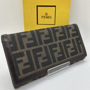 【美品】FENDI フェンディ 長財布 二つ折り財布 キャンバス×レザー 小銭入れ付 ズッカ柄 ベージュ ブラウン 茶 メンズ レディース