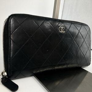 美品/鑑定済 シリアル有●CHANEL シャネル メンズ 長財布 ラウンドファスナー マトラッセ キルティングレザー ココマーク金具 黒 ブラック