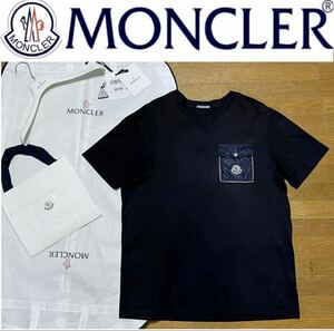 新作★MONCLER モンクレール Tシャツ メンズ クルーネック 半袖 カットソー 胸ポケット 黒 L 定価6万5000円♪