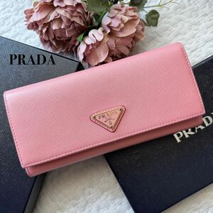 PRADA プラダ 長財布 二つ折り ウォレット サイフ フラップ型 三角ロゴ プレート ピンク サフィアーノレザー レディース 女性