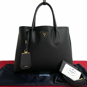 極 美品 袋付き PRADA プラダ ドゥーブレ スモールバッグ 三角ロゴ 金具 レザー 2way ハンドバッグ ショルダーバッグ ブラック 28718