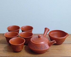 常滑焼 吉川雪堂 急須 朱泥 伝統工芸 煎茶器 茶注 陶器 茶器揃 湯冷 茶碗5個 壺堂刀 漢詩彫 細密細工 古美術品 中古