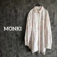 MONKI｜オーバーサイズシャツ｜シャツワンピース｜総柄｜顔｜古着｜個性派　S