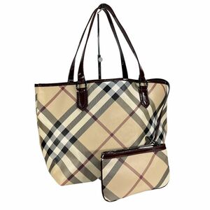 【美品】バーバリー ★BURBERRY ノバチェック トートバッグ ポーチ付き PVC×エナメル ベージュ/ボルドー メガチェック ショルダーバッグ