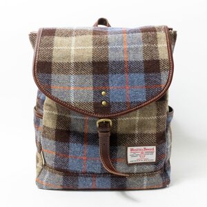 Folna フォルナ 日本製 Harris Tweed ハリスツイード リュックサック バックパック ウール 牛革 チェック柄 ブラウン ブルー 秋冬