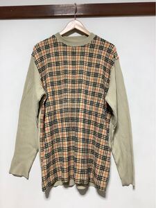 し1596 Karl Helmurt カールヘルム チェック/無地 長袖ニット セーター L カーキ系 クルーネック リブ編み メンズ