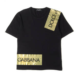 DOLCE&GABBANA ドルチェ&ガッバーナ Tシャツ サイズ:44 ロゴ テープ 箔プリント クルーネック 半袖Tシャツ ラベル ブラック 黒 イタリア製