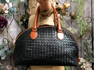 ●超美品●BOTTEGA VENETA ボッテガ ヴェネタ●イントレチャート●ディアスキン レザー 本革●ボストン バッグ●黒 キャメル●B5●Js52041