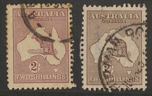 外国切手　AUSTRALIA 1915-24年 カンガルーと地図　 2sh2種 (52-3)　使用済　左側裏にシミ有