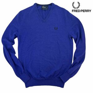 極美品 FRED PERRY フレッドペリー Vネックニット セーター サイズS パープル×ネイビー メリノウール100% 秋冬モデル 胸ロゴ刺繍 A2393