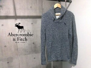 ABERCROMBIE&FITCH アバクロンビー＆フィッチ A&F アバクロ ロゴ刺繍 ショールカラー リネン混ニット セーターM/ヘンプニット/紺 白/メンズ