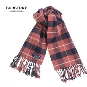 1I2675-W-N◆Burberry バーバリー マフラー ストール フリンジ チェック柄 きれいめカジュアル ユニセックス◆レッド系 アルパカ