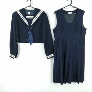 1円 セーラー服 ジャンパースカート スカーフ 上下3点セット 冬物 白2本線 女子 学生服 中学 高校 紺 制服 中古 ランクC NA9585