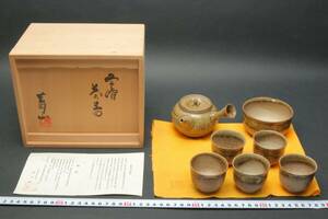 5736 新品未使用品 常滑焼 谷川菁山 灰釉 自然釉 茶器揃 急須 茶注 湯冷し 煎茶道具 湯呑茶碗5客 栞 共箱 