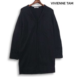 VIVIENNE TAM ヴィヴィアンタム 秋冬 ビーズ装飾♪ ウール混 ロング ニット カーディガン Sz.38 レディース 黒　K4T02115_B#N