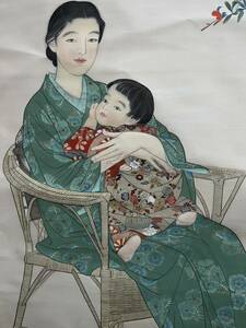 【真作】無款「婦人と子供」古い掛け軸(掛軸) 肉筆 絹本 日本画 美術品 絵画 骨董 画芯サイズ約110cm*199.5cm 大幅 箱なし