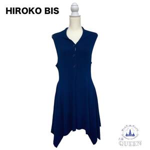 ☆美品 HIROKO BIS ヒロコビス ワンピース ミニ シャツネック 袖なし アシメントリー フレア レディース ブルー 9 a9 送料無料 古着