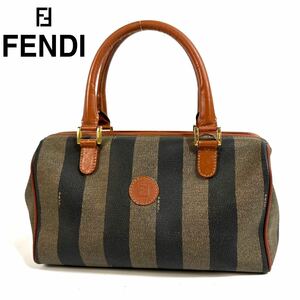 【美品】FENDI フェンディ PVC レザー ハンドバッグ ミニ ボストンバッグ ペカン柄 ストライプ ロゴ ブラウン ヴィンテージ イタリア製