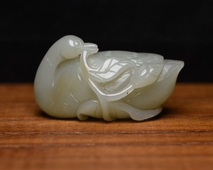【聚寳齋*和田玉精彫*鵝如意】置物 賞物 超美品 中国古美術 造型精美