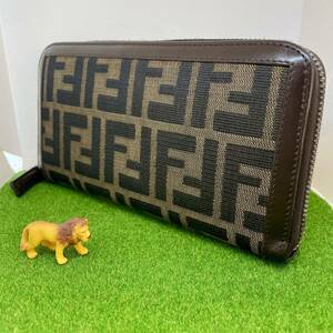 1 円 ■美品■ FENDI フェンディ ズッカ柄 キャンバス×レザー ラウンドファスナー 長財布 ウォレット 札入れ 小銭入れ ブラウン系 